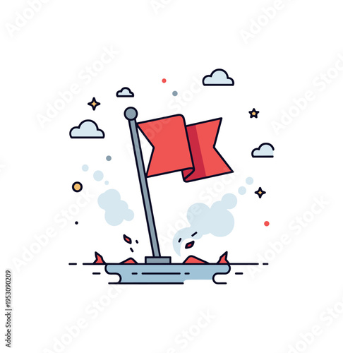 Flag planted in aftermath scene centered on a simple flagpole anchored into stylized ground with subtle smoke fading into clear sky, expressing transition from