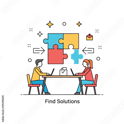 Problem solving teamwork illustration centered on puzzle pieces coming together on a shared desk. Subtle arrow accents and a ?Find Solutions? caption