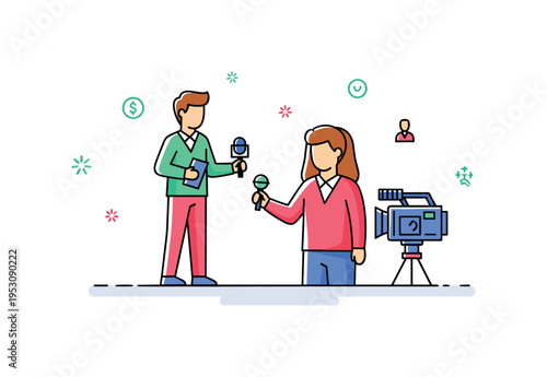 Journalist conducting an interview with a microphone and camera nearby, subtle decorative dots and stars emphasizing ethical reporting, accuracy, and