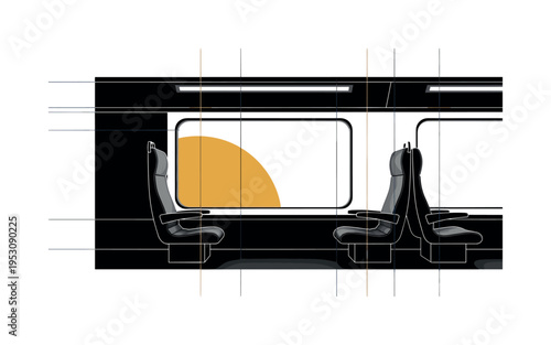 Black and white realistic futuristic train interior simplified into bold geometric seats and windows, oversized abstract semicircle outside the