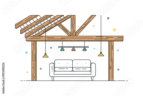 Rustic loft with exposed beams featuring angled ceiling lines and sturdy timber supports above a minimal sofa silhouette, symbolizing open space and industrial