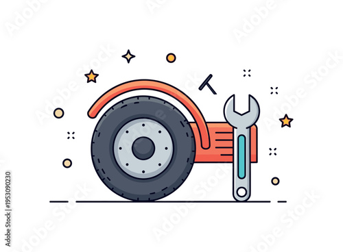 Farm machinery detail sturdy tractor wheel paired with a small wrench icon, symbolizing maintenance and mechanical reliability. A concise editorial scene about