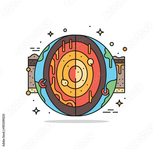 Cross-section of Earth layers with magma flows in the mantle and glowing inner core, illustrating dynamic geological activity and energy. Minimalist flat