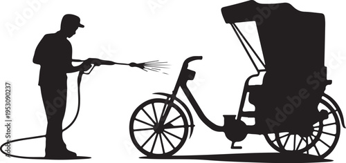 Man washing horse drawn carriage with pressure washer