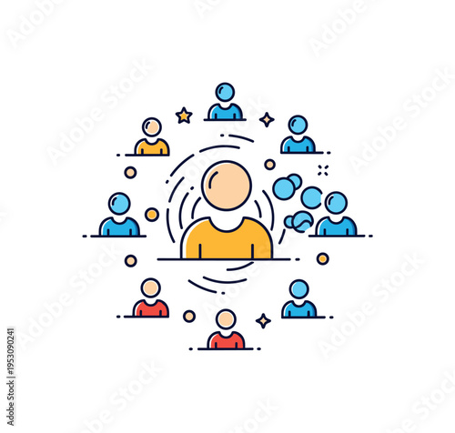 Social influence ripple central person icon surrounded by smaller figures gradually adopting similar shapes. A concise editorial badge about trends,