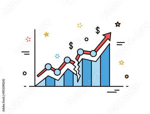 Recession and recovery cycle broken line graph descending into a valley and gradually climbing back upward toward stability. A balanced editorial scene