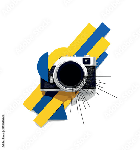 Black and white retro camera lens replaced with a solid black circle, bold yellow and deep blue geometric blocks cutting across the frame, semicircles and thin