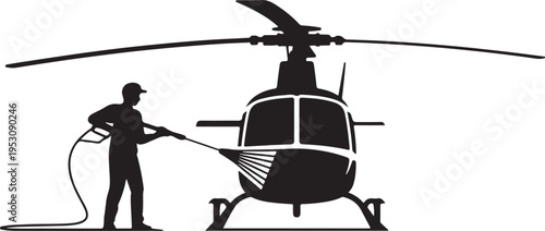 Man washing helicopter with pressure washer cleaning