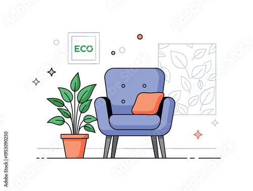 Eco interior design armchair silhouette beside a potted plant and a subtle leaf pattern on the wall. A cozy editorial illustration expressing mindful choices