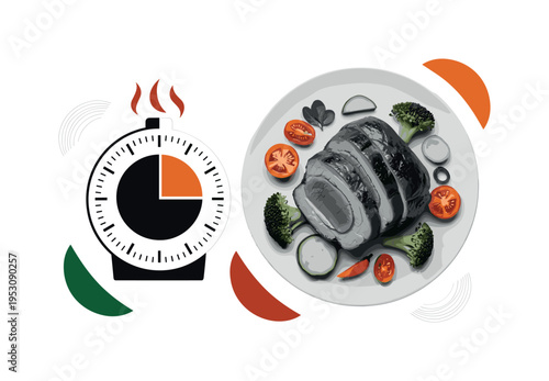 A monochrome kitchen timer beside a plated Sunday roast, timer face simplified into bold geometric circle with linear markers, vegetables arranged as abstract