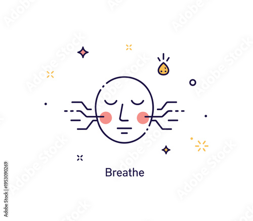 Mindfulness for pain management concept featuring closed eyes and soft breathing lines surrounding a calm face icon. A small ?Breathe? caption and gentle spark