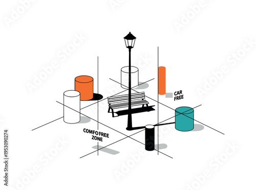 Black and white urban bench and streetlight centered in a car-free zone, geometric cylinders and intersecting linear grids structuring the scene, flat orange