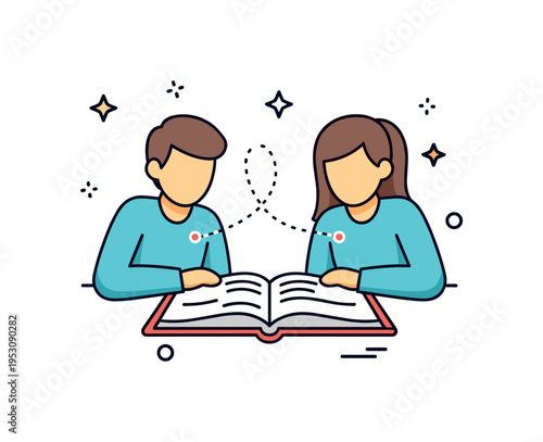 Focused study partnership two figures leaning over a shared open textbook with subtle dotted lines connecting their gaze to the page, symbolizing