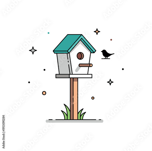 Spring garden preparation finished birdhouse mounted on a simple post with a tiny bird silhouette nearby. A light and hopeful illustration about welcoming