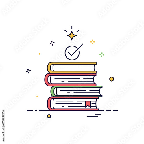 Concept mastery badge stack of books with a subtle check mark and small glowing star above, symbolizing achieved comprehension and confidence. A concise visual