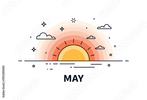 Beautiful May sunset scene warm sun resting low above a simple meadow horizon with soft orange and pink gradients blending into the sky. A serene editorial