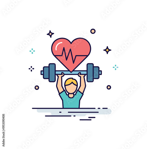 Resilience building metaphor illustrated by a small weight icon lifting a stylized heart symbol, representing emotional strength developed through effort. The