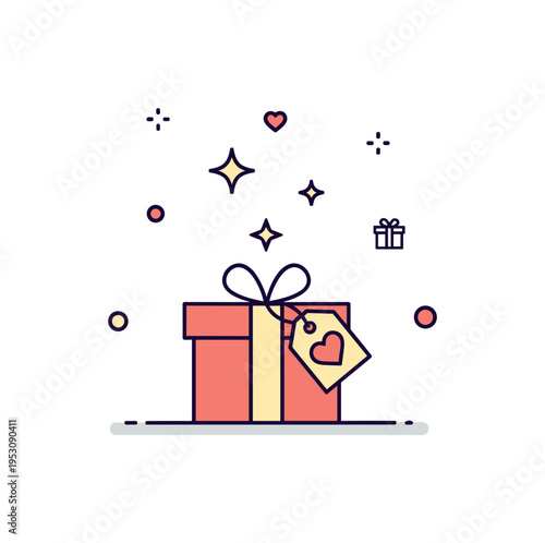Romantic surprise planning centered on a small gift box with a delicate heart tag and subtle sparkles rising above it, suggesting anticipation and thoughtful