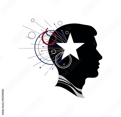 Black and white profile silhouette with a small speech bubble reduced to a thin outline, bold orange semicircle behind the head symbolizing subtle sound,