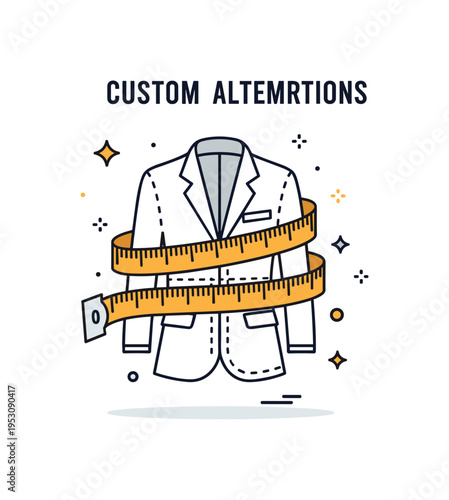 Custom clothing alterations measuring tape wrapped around a jacket outline with subtle stitch lines emphasizing fit. A compact illustration about