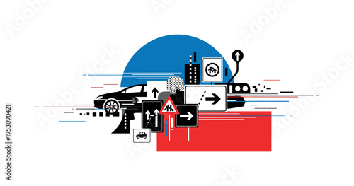 Black and white fragmented collage of car, road signs, and lane arrows layered dynamically, large blue semicircle intersecting upper composition, red
