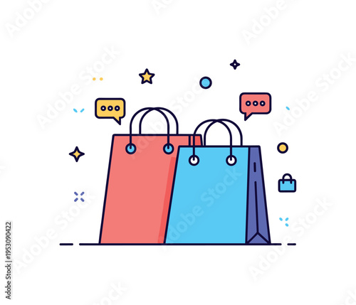 Friends shopping together visualized by two overlapping shopping bags with tiny chat bubble icons nearby to represent social interaction and shared retail