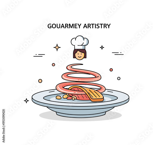 Culinary artistry concept plate with artistic sauce swirl forming a soft spiral beneath a central entree, symbolizing creativity and chef identity. A bold and