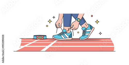 Pre workout focus expressed through the simple act of tying sneakers before hitting the track. Clean pavement lines, a minimal fitness tracker and small