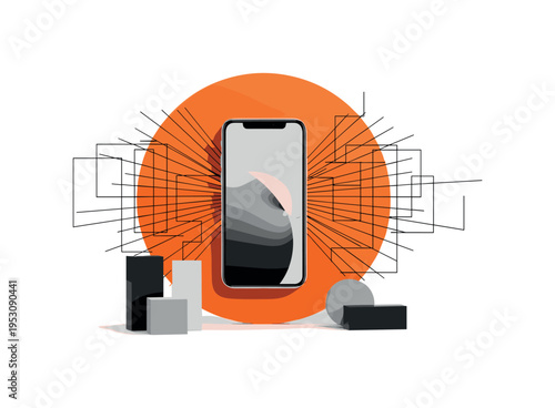 Conceptual product spotlight featuring a monochrome smartphone centered within a large orange circle, thin black grid framework suggesting technology and