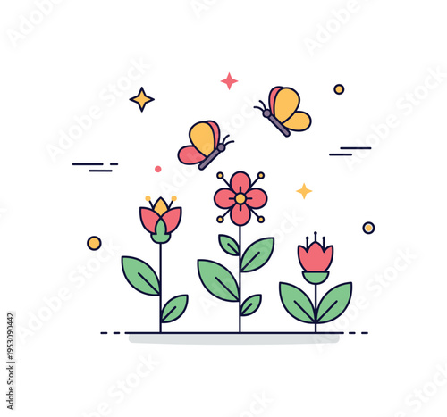 Butterflies in the garden two small butterflies fluttering above fresh blossoms and leafy stems. A light and playful micro scene capturing warmth and