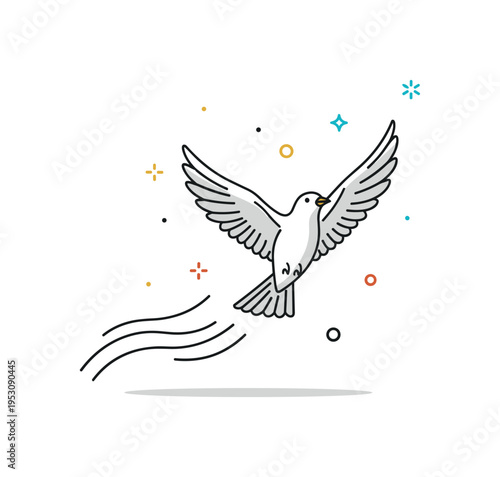Flying animals graceful bird with wide open wings soaring upward, subtle curved wind lines trailing behind. A clean editorial concept badge about freedom,