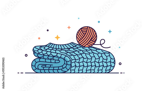 Wool fabric for cozy apparel depicted as a folded knit sweater piece with a small yarn ball icon, expressing warmth and cold season comfort. The balanced