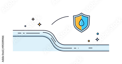 Bathtub edge resealing concept featuring a close up of a corner joint with a smooth curved seal line and a small shield icon representing moisture protection.