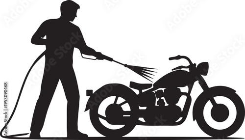 Man washing motorcycle with pressure washer person