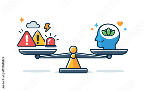 Mental health resilience during ongoing crises visualized by a balanced scale with alert symbols on one side and a calm mind icon on the other highlighting