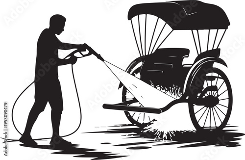 Man washing rickshaw with hose cleaning 2