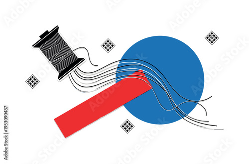 Black and white spool of thread unraveling diagonally across layout, bold blue circle anchoring composition, red rectangular block intersecting thread path,