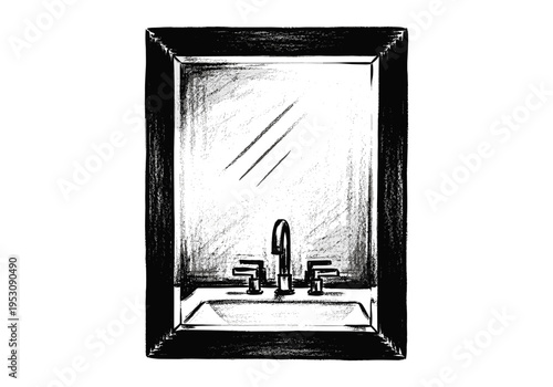 Hand-drawn illustration of a modern bathroom sink and faucet reflected in a mirror
