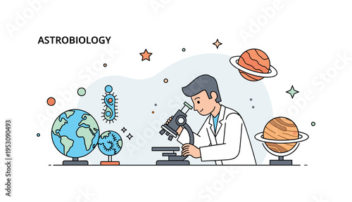 Astrobiology and the possibility of life on other planets showing a scientist examining alien microorganisms under a microscope with planetary models nearby,