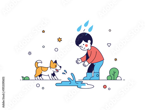 After rain puddle play child wearing small boots splashing gently while pet watches excitedly nearby. A cheerful editorial illustration about spontaneous joy