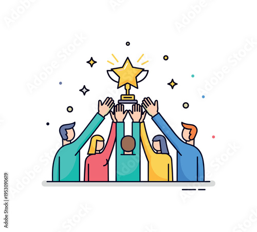 Team success celebration represented by simplified figures raising hands around a small star trophy, symbolizing collaboration and shared victory. The compact