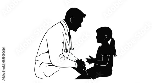 Black doctor or pediatrician talking to a young girl patient in a consultation or examination in a medical setting with a stethoscope around his neck