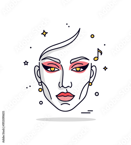 Opera performance makeup concept built around a refined face silhouette with strong contour lines and dramatic eyebrow detail, complemented by a tiny music