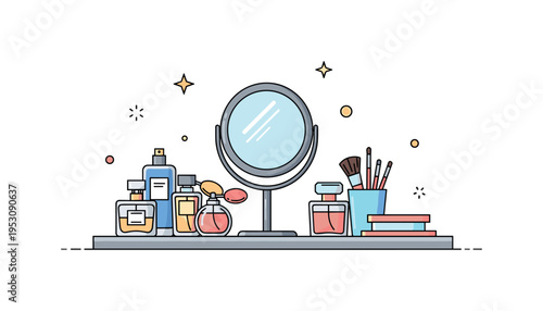 Vanity top with assorted perfume bottles, cosmetic brushes, and small mirror, conveying a neat, modern, and inviting beauty corner. Minimalist flat vector
