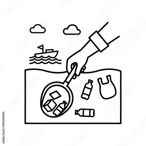 line art of a hand picking up ocean pollution with a scoop