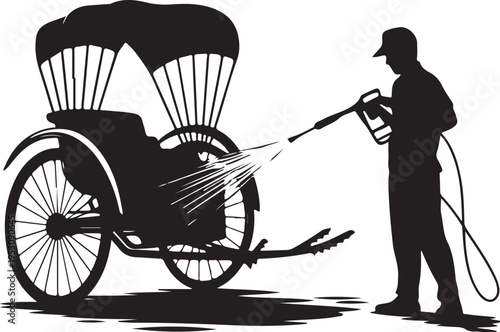 Man washing rickshaw with pressure washer cleaning