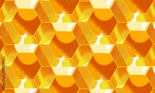 Hexagonal pattern with vibrant orange and yellow hues forms a seamless geometric design. 