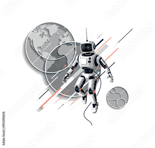 A realistic monochrome space robot tethered by a thin cable, dynamic diagonal lines suggesting orbital drift, oversized geometric circle behind symbolizing