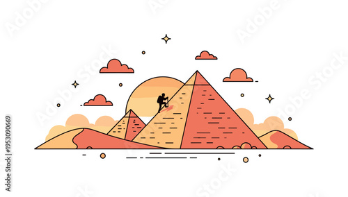 Desert sunset pyramid exploration depicted with a small silhouette climbing slightly up the pyramid face while warm gradient tones fill the sky. The clean