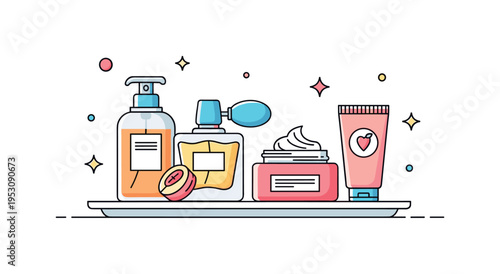 Hand cream, perfume, and cosmetic jars displayed on a clean white tray with small sparkles, suggesting luxury and curated personal care. Minimalist flat vector